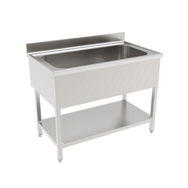 Single sink unit with under shelf and back splash Top made by 1.2 mm thickness Under shelf made by 1 mm thickness with adjustable feets