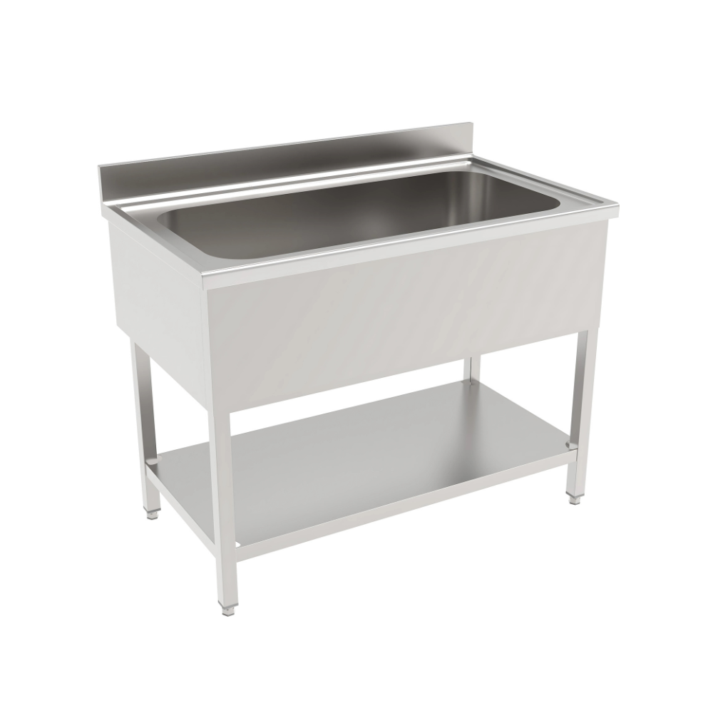 Single sink unit with under shelf and back splash Top made by 1.2 mm thickness Under shelf made by 1 mm thickness with adjustable feets