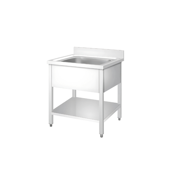 Single sink unit with bottom shelf & back splash Top made by 1.2 mm thickness Under shelf made by 1 mm thickness with adjustable feets