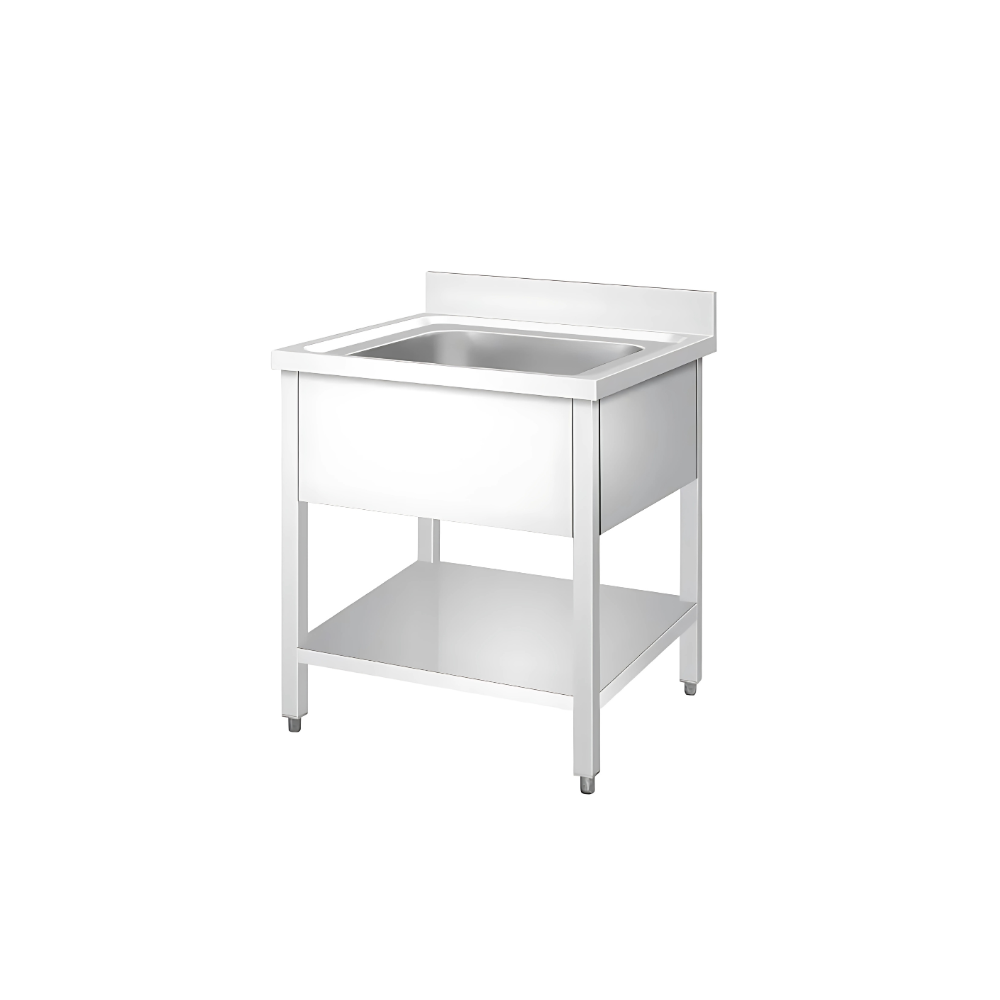 Single sink unit with bottom shelf & back splash Top made by 1.2 mm thickness Under shelf made by 1 mm thickness with adjustable feets