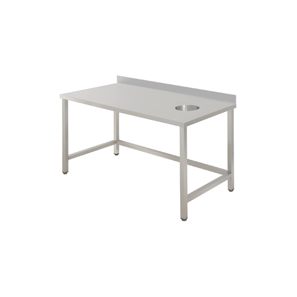 S/S Work table with garbage hole Top made by 1.2 mm thickness Under shelf made by 1 mm thickness with adjustable feets