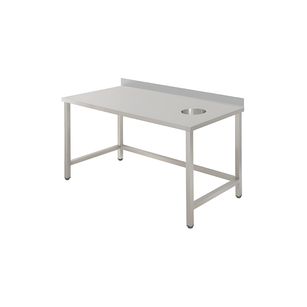 S/S Work table with garbage hole Top made by 1.2 mm thickness Under shelf made by 1 mm thickness with adjustable feets