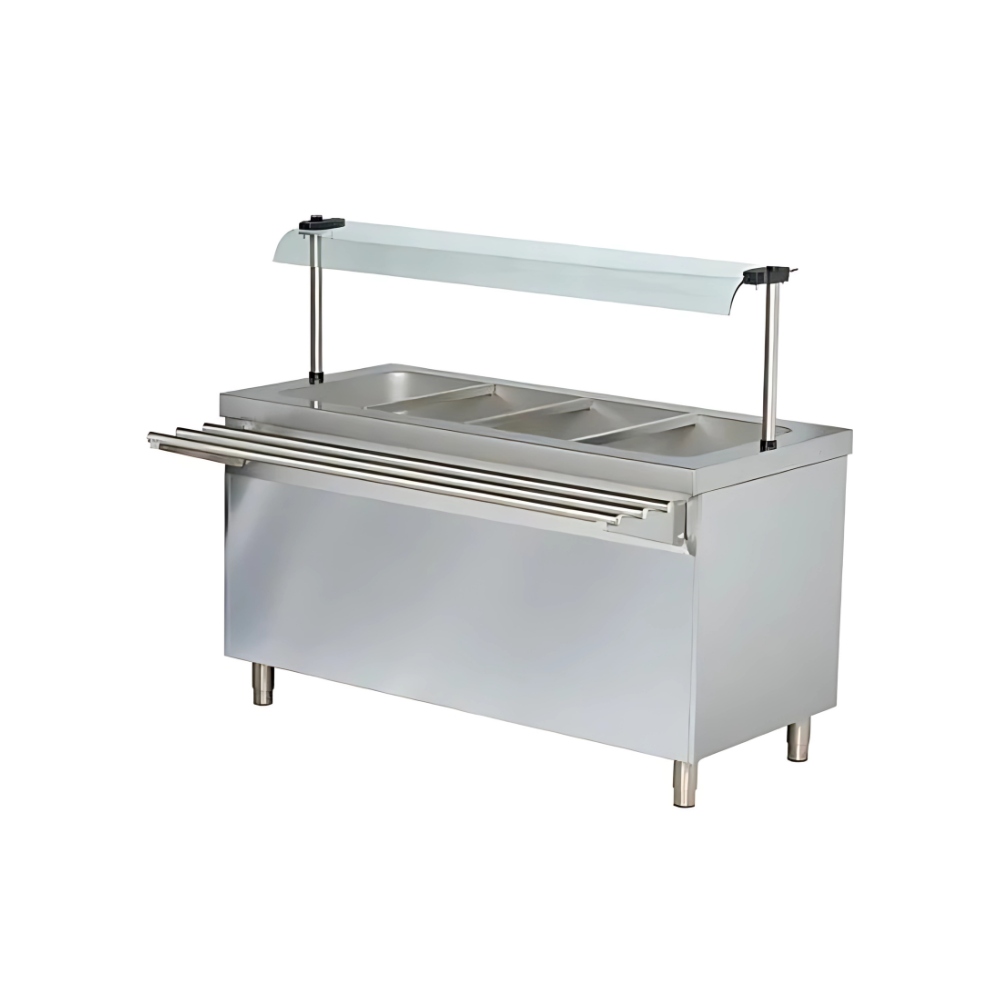 SS HOT BAINMARIE 4 X 1/1 WITH SNEEZE GUARD AND TRAY SLIDER TOP 1.2 SS 304 GRADE,CABINET 1 MM & SNEEZE GUARD 10 MM TOUGHENED GLASS