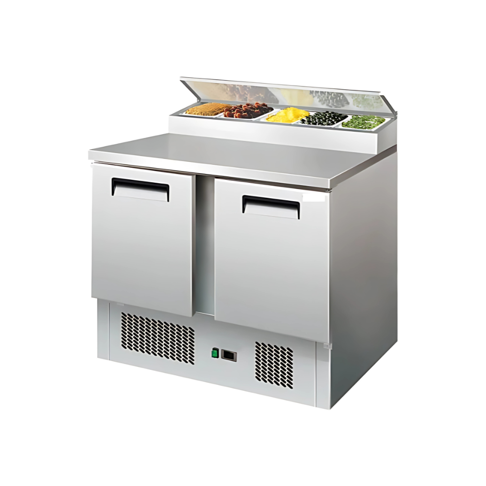 SS 2 DOOR SALAD COUNTER WITH PREP TABLE CAPACITY : 240 Litres GN CAPACITY : 5 X GN 1/6 No of Doors : 2