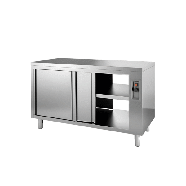 SS HOT CABINET WITH SLIDING DOOR 1 BOTTOM AND MIDDLE SHELF TOP MADE BY 1.2 SS 304 GRADE SHELF , CABINET AND DOORS MADE BY 1 MM SS 304 GRADE SHEET