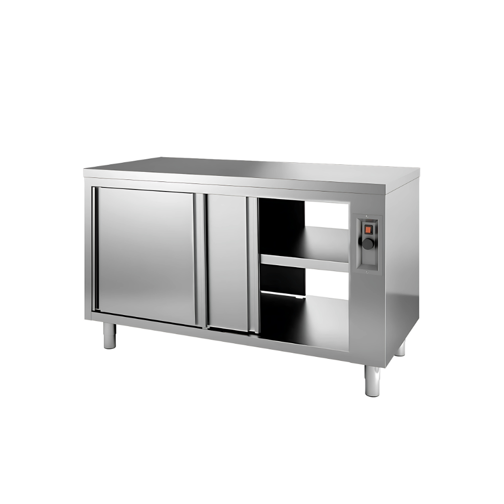 SS HOT CABINET WITH SLIDING DOOR 1 BOTTOM AND MIDDLE SHELF TOP MADE BY 1.2 SS 304 GRADE SHELF , CABINET AND DOORS MADE BY 1 MM SS 304 GRADE SHEET