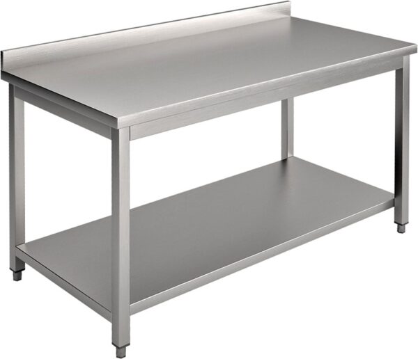 "Work table with one under shelf and back splash Top made by 1.2 mm thickness Under shelf made by 1 mm thickness with adjustable feets"