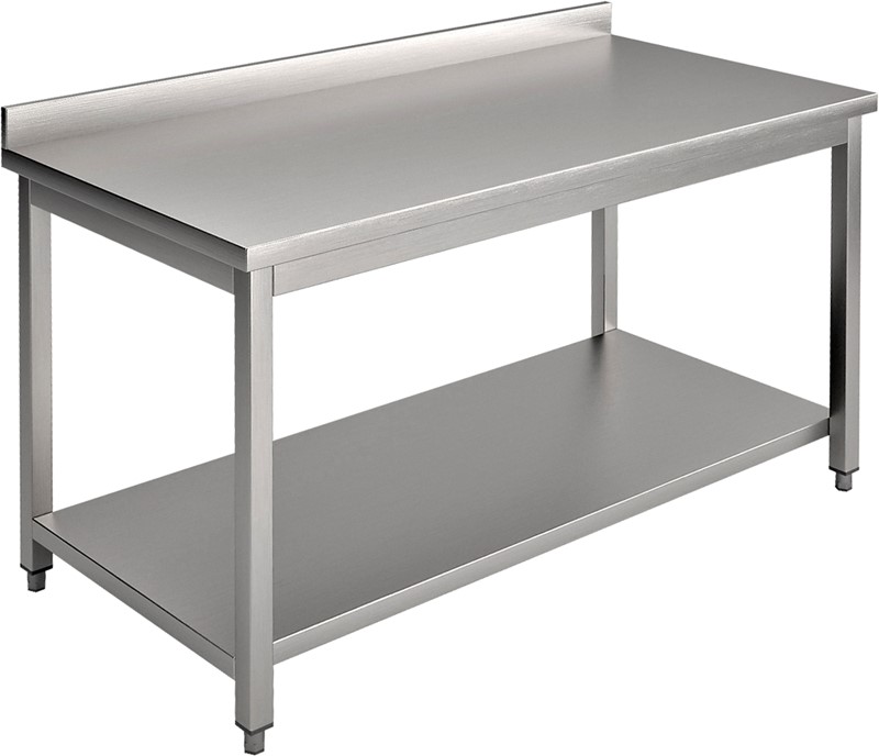 "Work table with one under shelf and back splash Top made by 1.2 mm thickness Under shelf made by 1 mm thickness with adjustable feets"