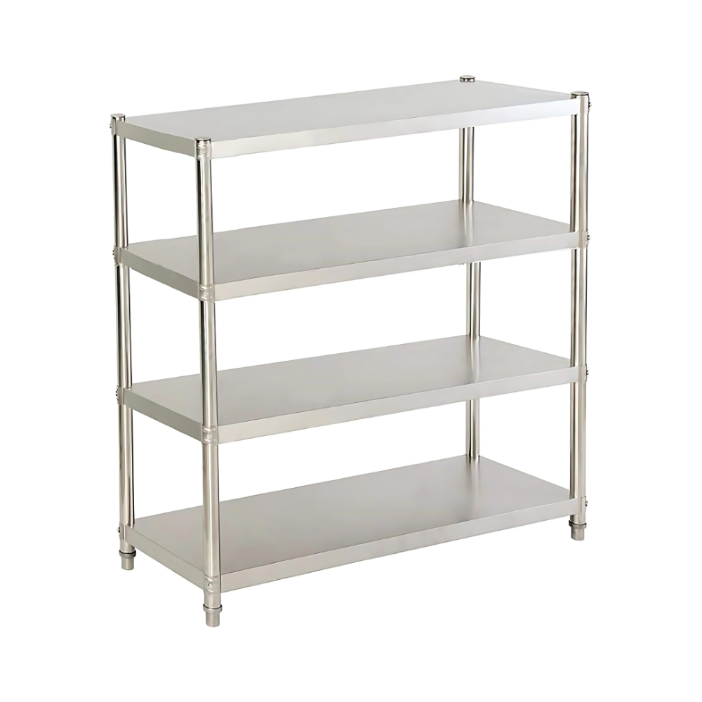 SS FOUR TIER STORAGE RACK EACH SHELF MADE BY SS 1.2 MM THK 304 GRADE LEG MADE BY SS 304 GRADE 40X40MM SQUARE TUBE AND AJUSTABLE FEETS