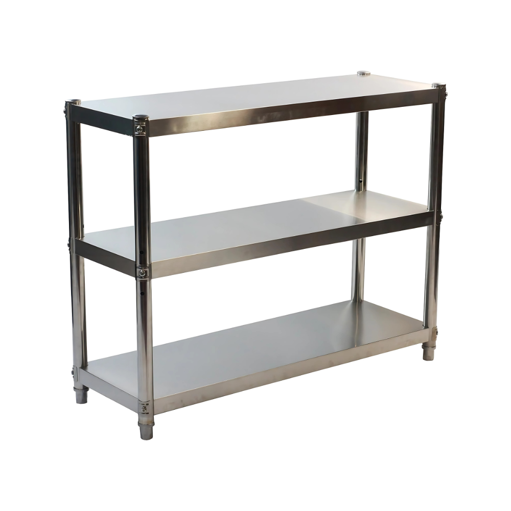 SS THREE TIER STORAGE RACK EACH SHELF MADE BY SS 1.2 MM THK 304 GRADE LEG MADE BY SS 304 GRADE 40X40MM SQUARE TUBE AND AJUSTABLE FEETS