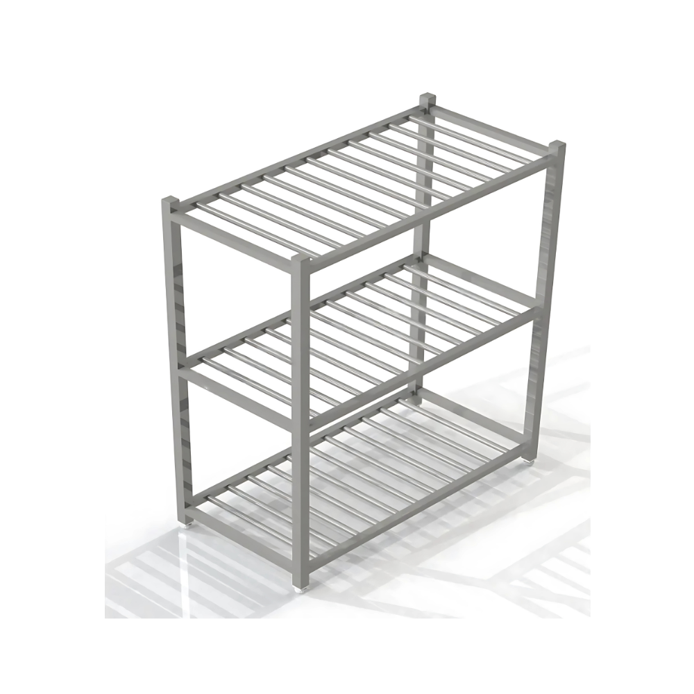SS THREE TIER POT RACK EACH SHELF MADE BY SS 1.2 MM THK 304 GRADE LEG MADE BY SS 304 GRADE 40X40MM SQUARE TUBE AND AJUSTABLE FEETS