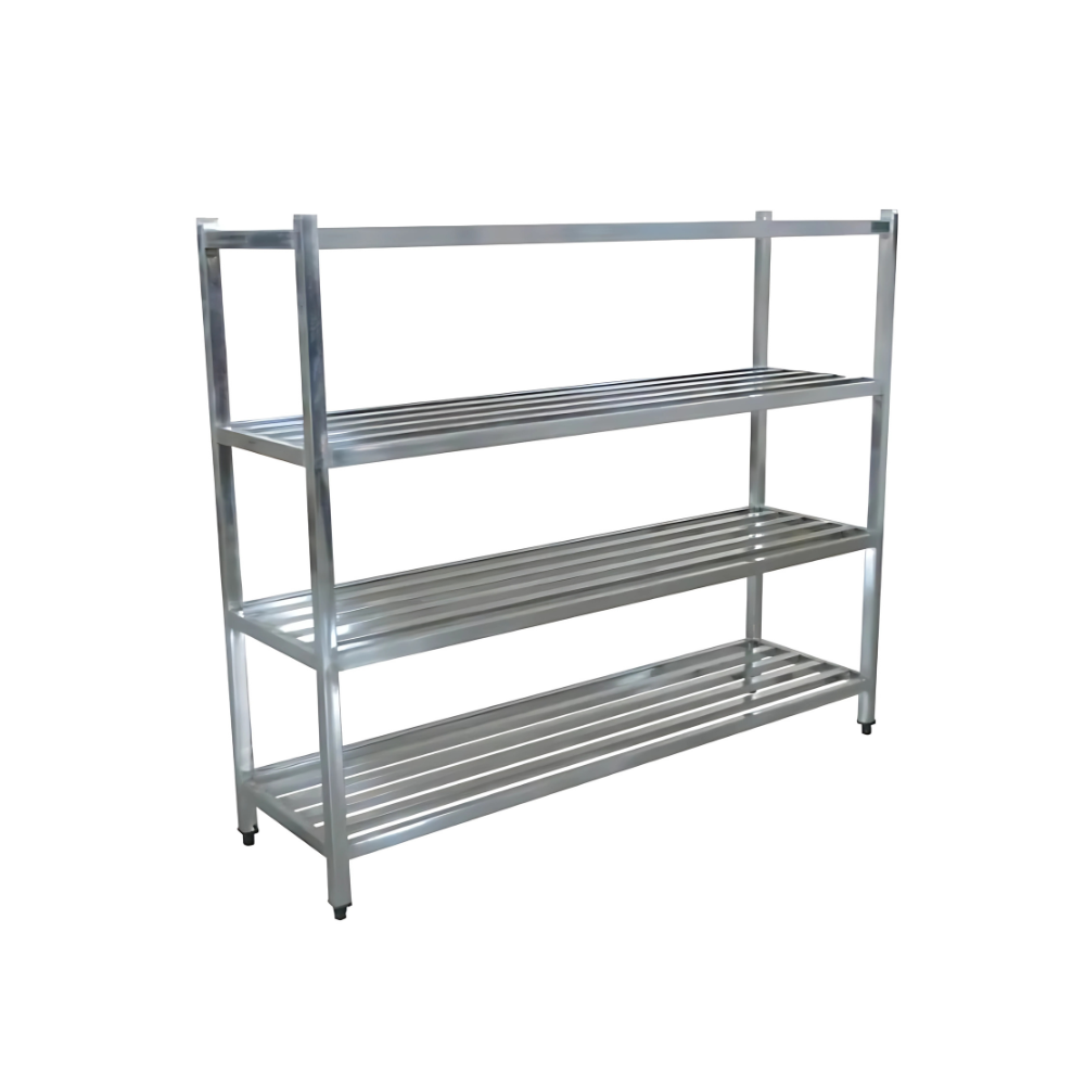 SS FOUR TIER POT RACK EACH SHELF MADE BY SS 1.2 MM THK 304 GRADE LEG MADE BY SS 304 GRADE 40X40MM SQUARE TUBE AND AJUSTABLE FEETS