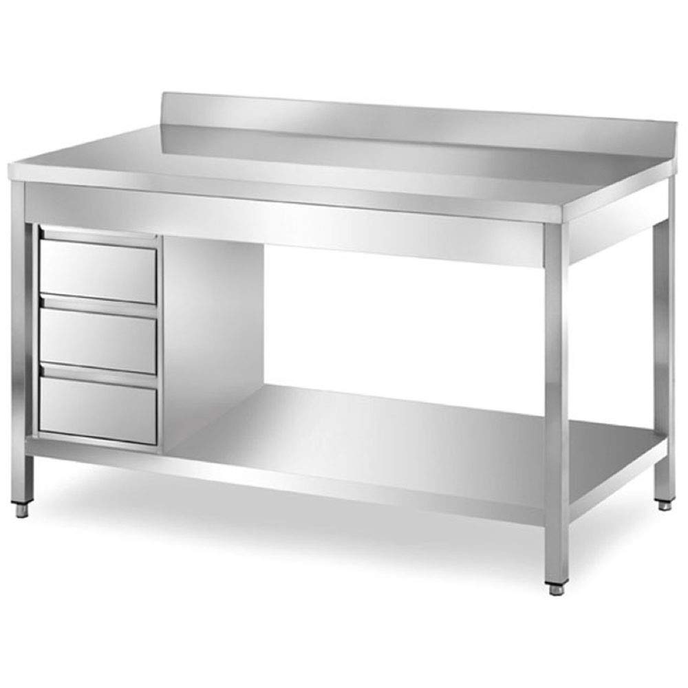 Work table with one under shelf and back splash with three drawers Top made by 1.2 mm thickness Under shelf and cabinet made by 1 mm thickness with adjustable feets