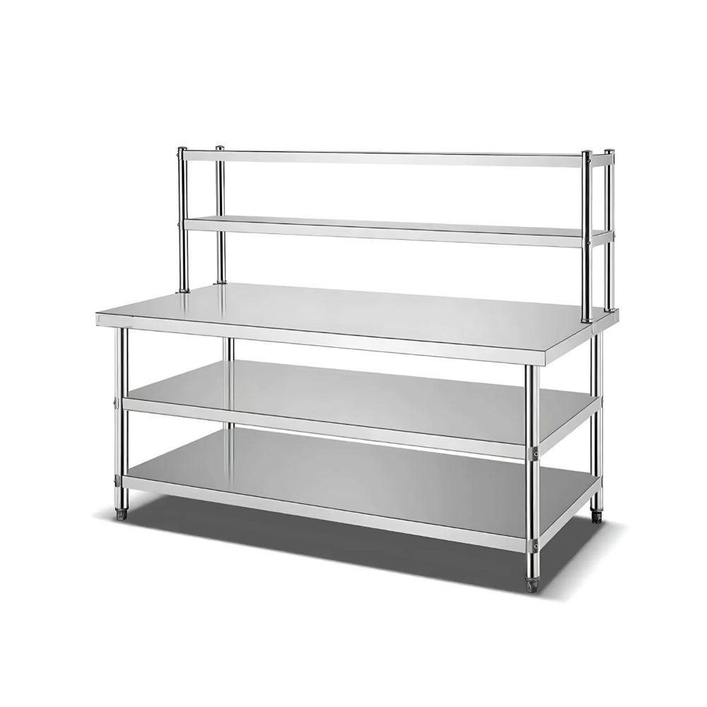 Work table with two under shelf and 2 ohs Top made by 1.2 mm thickness Under shelf made by 1 mm thickness with adjustable feets