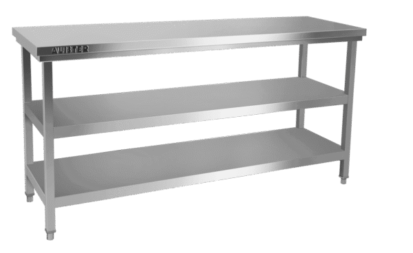 Work table with two under shelf Top made by 1.2 mm thickness Under shelf made by 1 mm thickness with adjustable feets