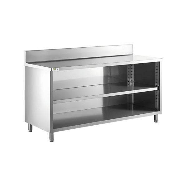 WORK TABLE WITH BOTTOM CABINET & BACK SPLASH Top made by 1.2 mm thickness Bottom & Middle shelf made by 1 mm thickness with adjustable feets