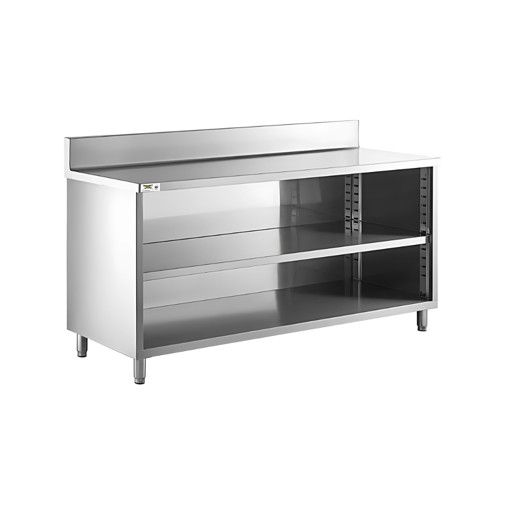 WORK TABLE WITH BOTTOM CABINET & BACK SPLASH Top made by 1.2 mm thickness Bottom & Middle shelf made by 1 mm thickness with adjustable feets