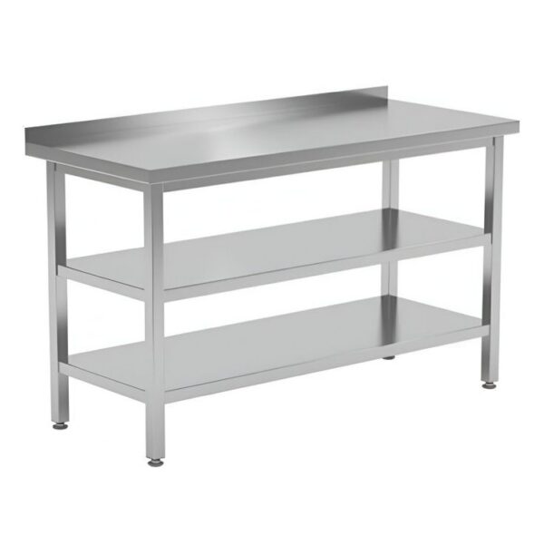 Work table with two under shelf and back splash Top made by 1.2 mm thickness Under shelf made by 1 mm thickness with adjustable feets