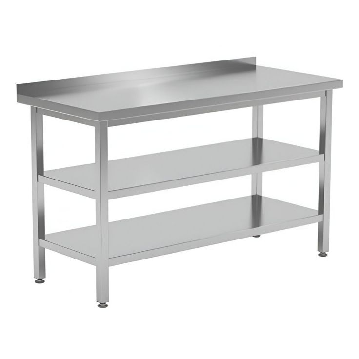 Work table with two under shelf and back splash Top made by 1.2 mm thickness Under shelf made by 1 mm thickness with adjustable feets