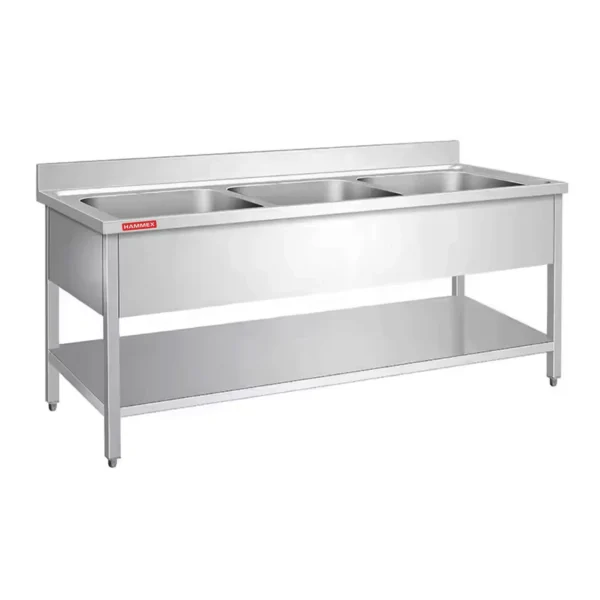 Three sink unit with bottom shelf & back splash Top made by 1.2 mm thickness Under shelf made by 1 mm thickness with adjustable feets
