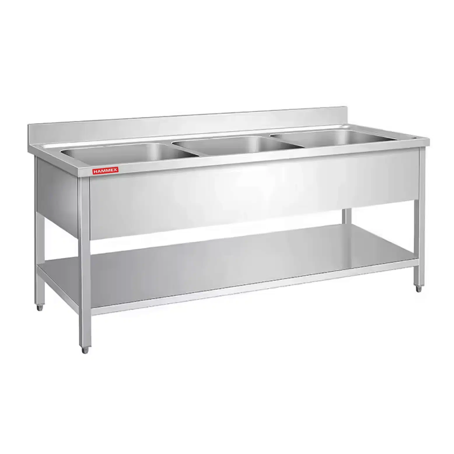 Three sink unit with bottom shelf & back splash Top made by 1.2 mm thickness Under shelf made by 1 mm thickness with adjustable feets