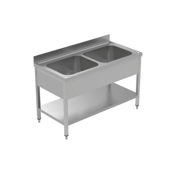 Two sink unit with bottom shelf & back splash Top made by 1.2 mm thickness Under shelf made by 1 mm thickness with adjustable feets