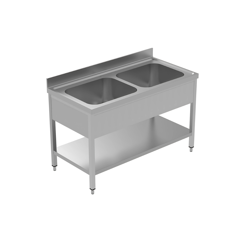 Two sink unit with bottom shelf & back splash Top made by 1.2 mm thickness Under shelf made by 1 mm thickness with adjustable feets