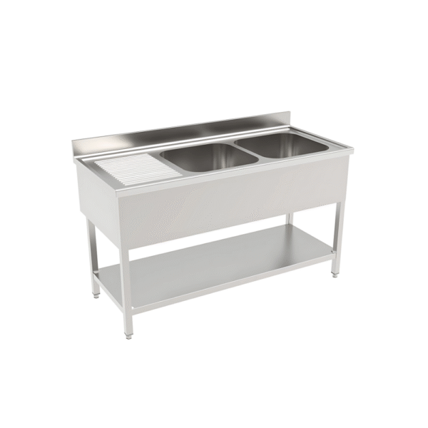 Two sink (RHS) unit with bottom shelf & back splash Top made by 1.2 mm thickness Under shelf made by 1 mm thickness with adjustable feets