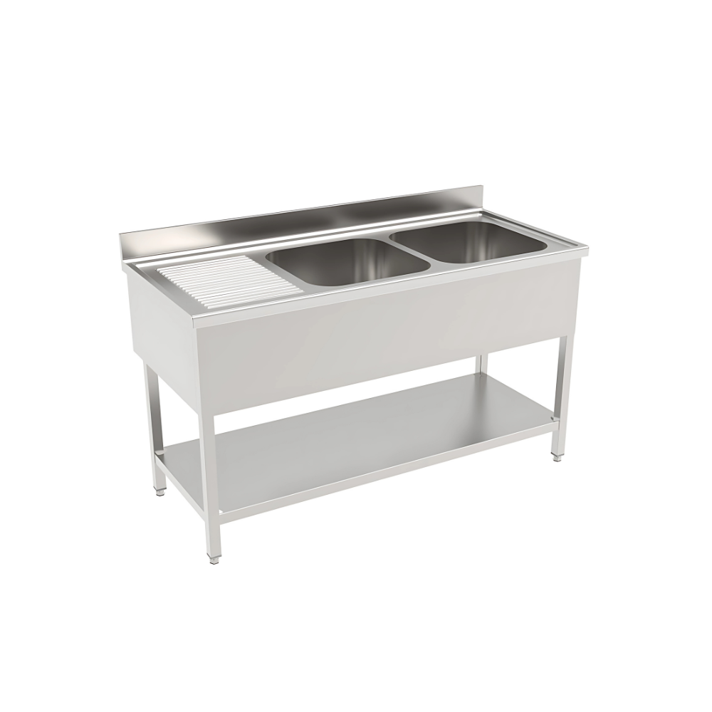 Two sink (RHS) unit with bottom shelf & back splash Top made by 1.2 mm thickness Under shelf made by 1 mm thickness with adjustable feets