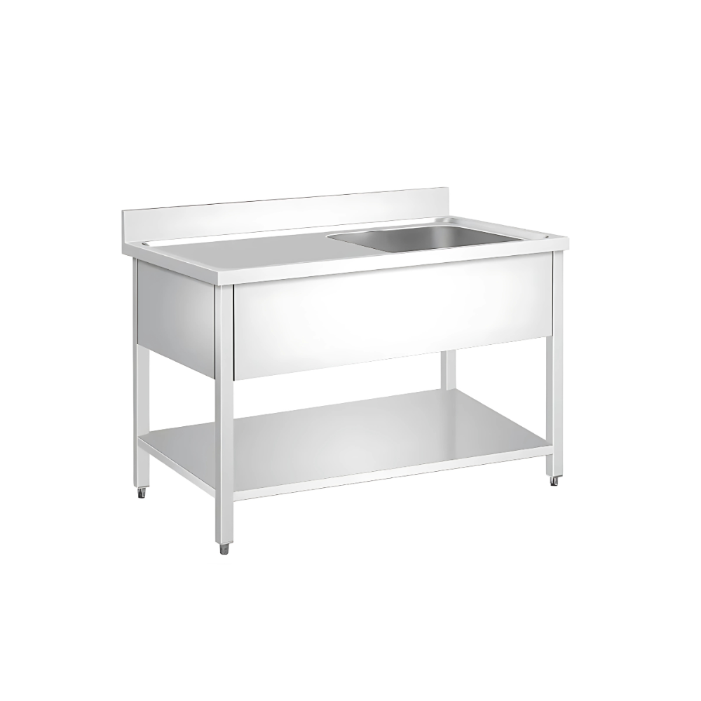 Single sink (RHS) unit with bottom shelf & back splash Top made by 1.2 mm thickness Under shelf made by 1 mm thickness with adjustable feets